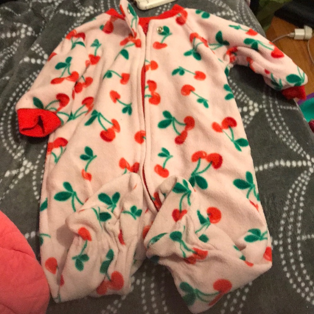 3-6 month pink cherry footy onesie